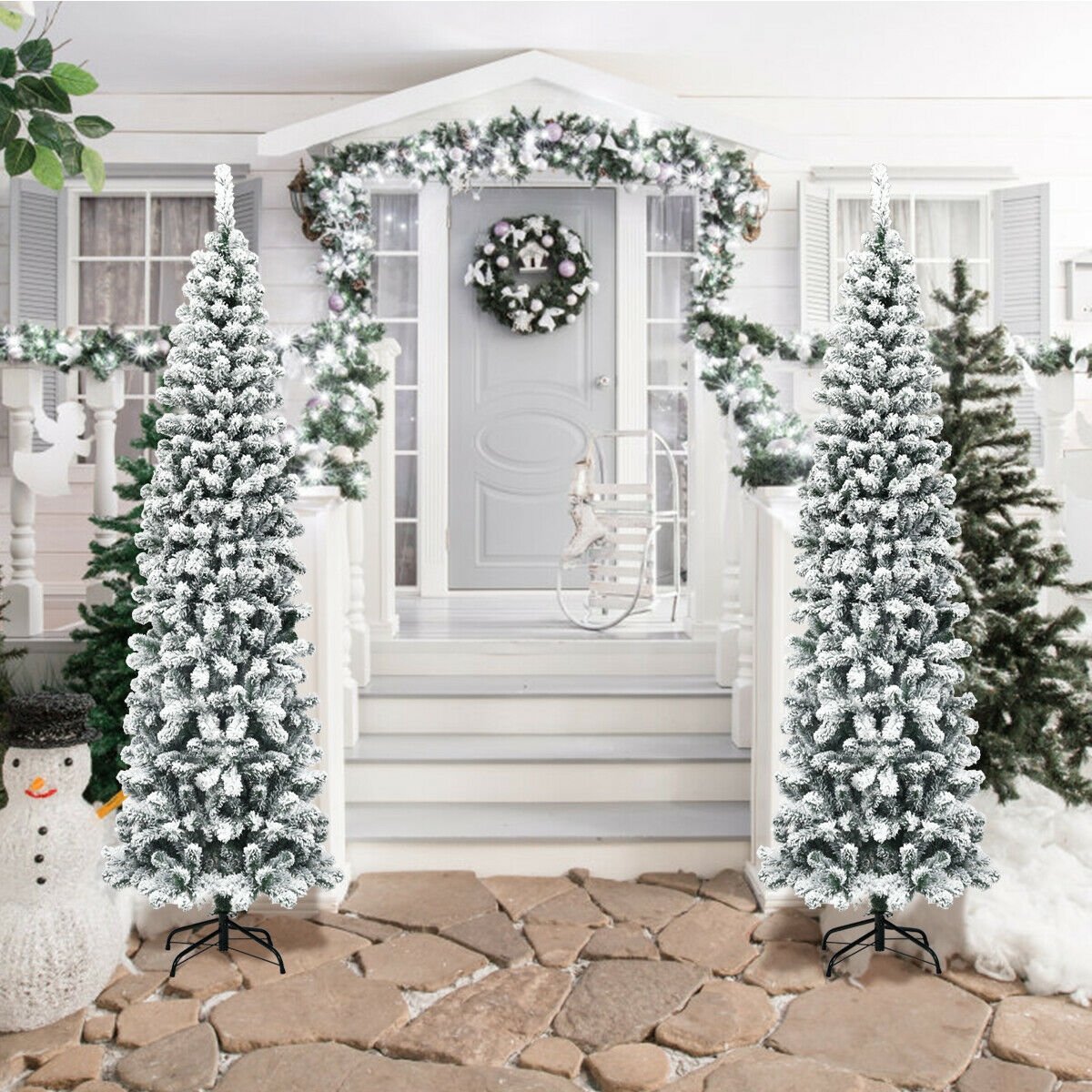 7.5 Feet Unlit Hinged Snow Flocked Artificial Pencil Christmas Tree with 641 Tips, Green Christmas Tree   at Gallery Canada