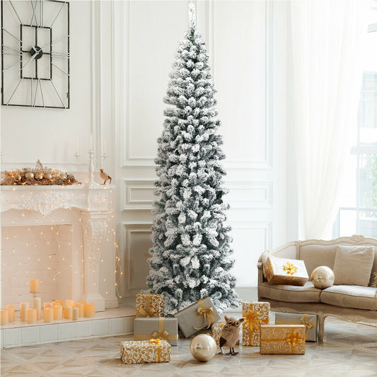 7.5 Feet Unlit Hinged Snow Flocked Artificial Pencil Christmas Tree with 641 Tips, Green Christmas Tree   at Gallery Canada