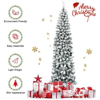 7.5 Feet Unlit Hinged Snow Flocked Artificial Pencil Christmas Tree with 641 Tips, Green Christmas Tree   at Gallery Canada