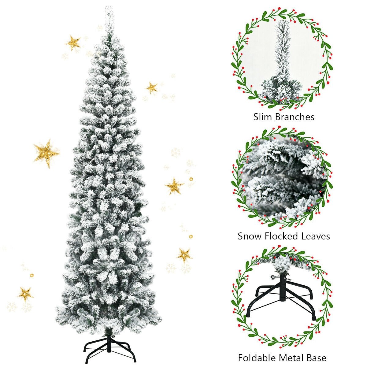 7.5 Feet Unlit Hinged Snow Flocked Artificial Pencil Christmas Tree with 641 Tips, Green Christmas Tree   at Gallery Canada