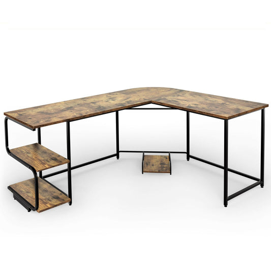 Reversible L-Shaped Computer Study Table with Shelves, Rustic Brown - Gallery Canada