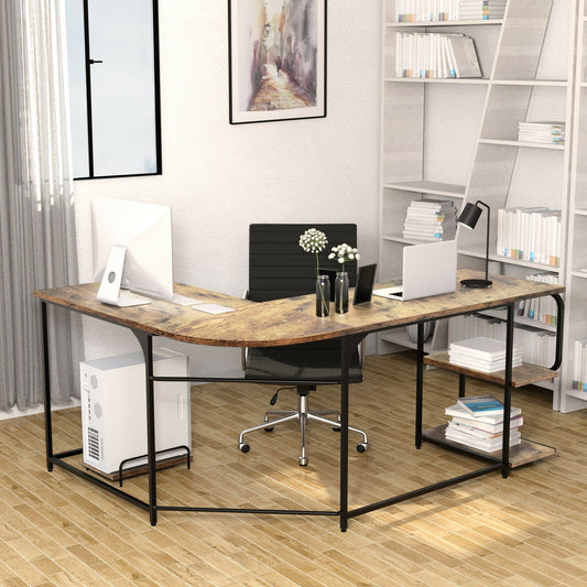 Reversible L-Shaped Computer Study Table with Shelves, Rustic Brown - Gallery Canada