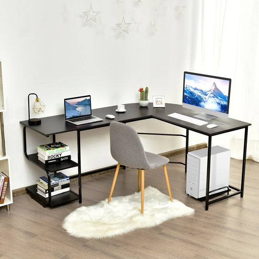 Reversible L-Shaped Computer Study Table with Shelves, Black - Gallery Canada