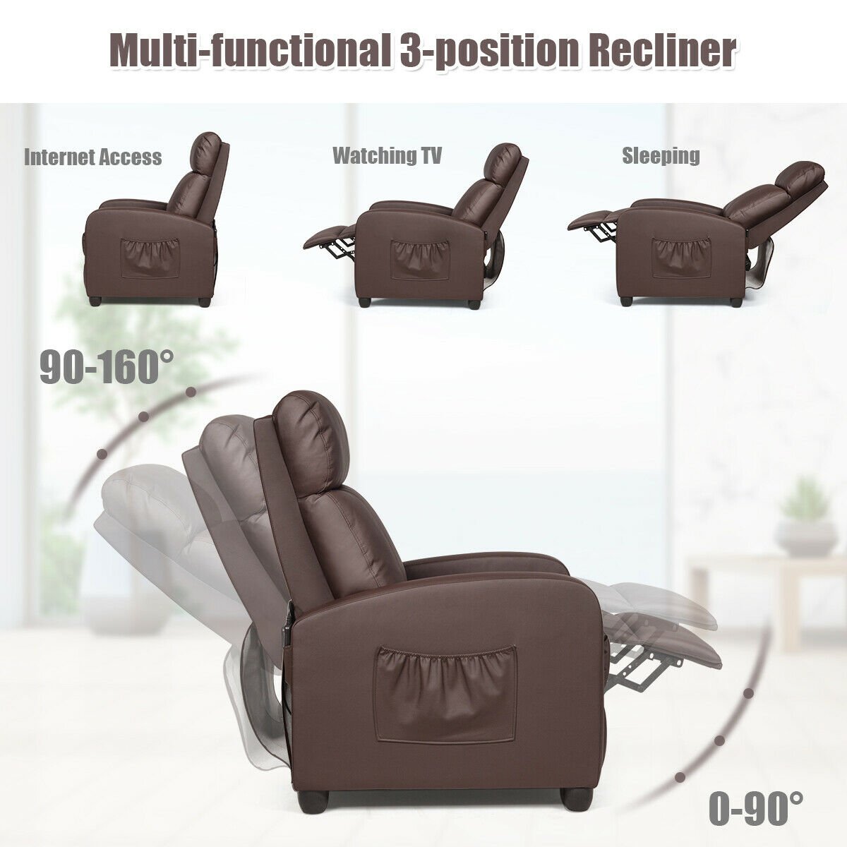 Recliner Sofa Wingback Chair with Massage Function, Brown Accent Chairs   at Gallery Canada