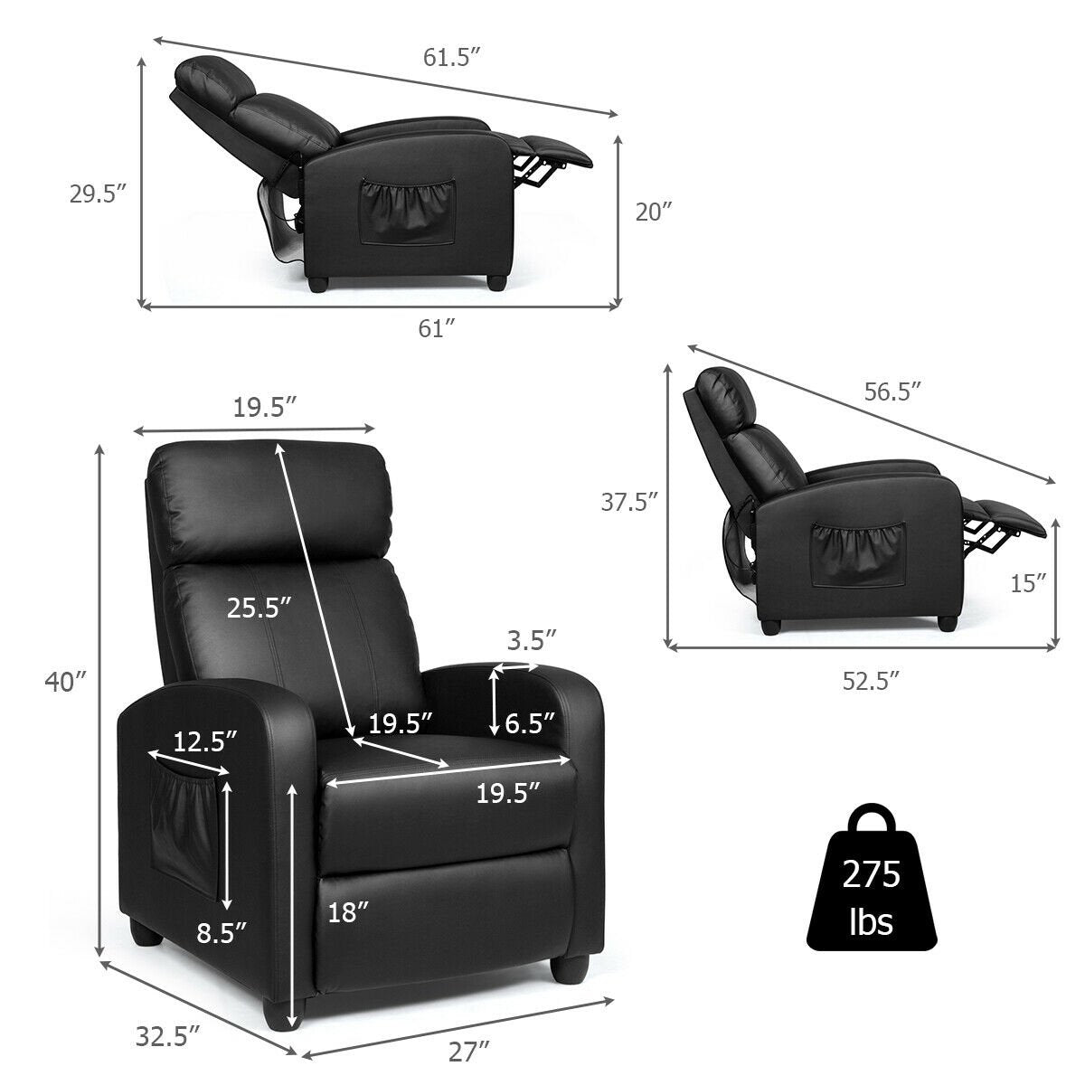 Recliner Massage Winback Single Chair with Side Pocket, Black Accent Chairs   at Gallery Canada