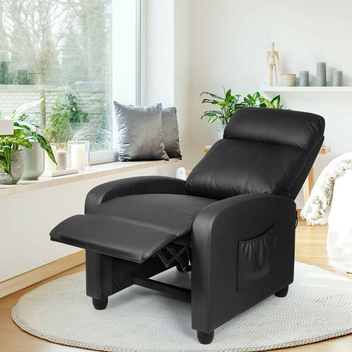 Recliner Massage Winback Single Chair with Side Pocket, Black Accent Chairs   at Gallery Canada