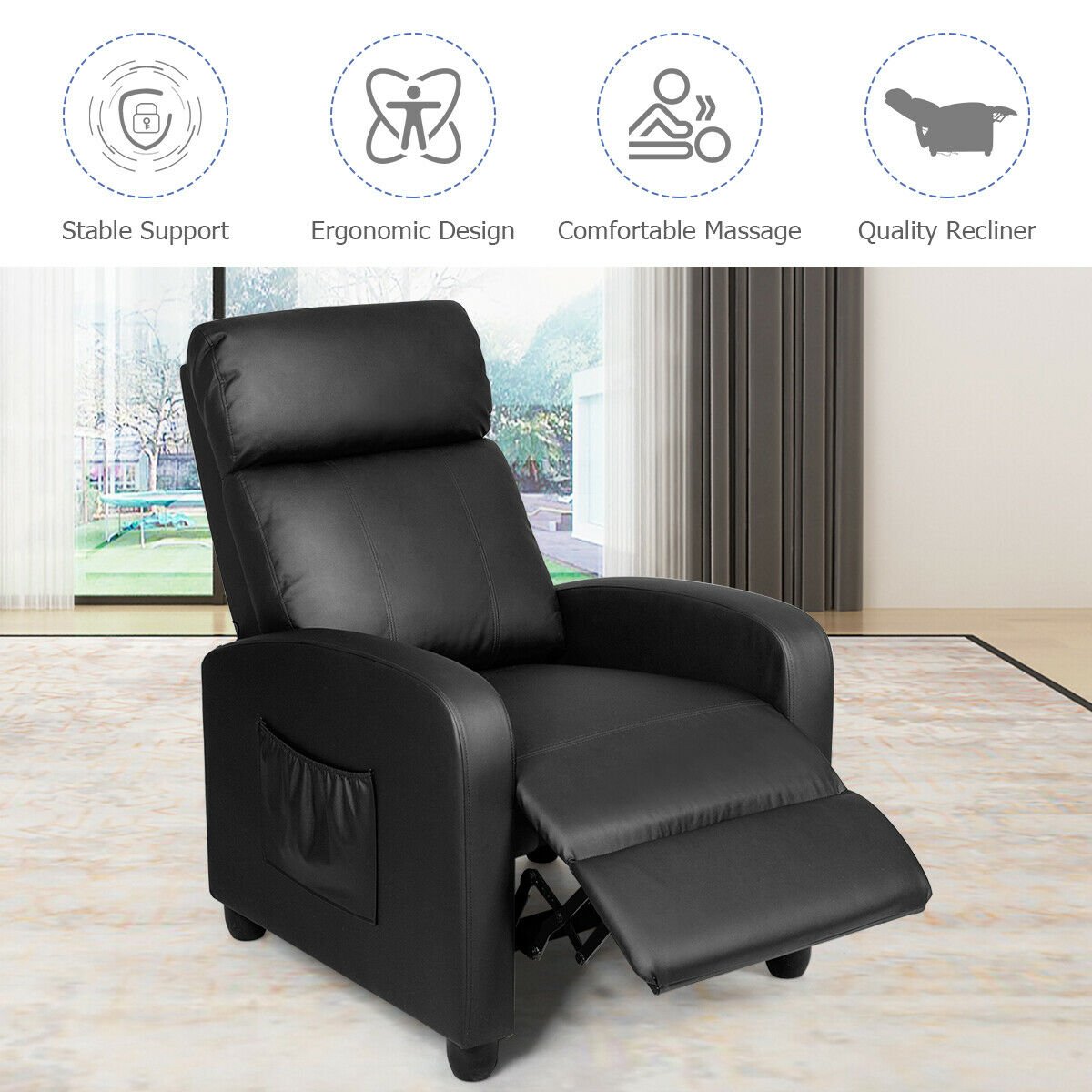 Recliner Massage Winback Single Chair with Side Pocket, Black Accent Chairs   at Gallery Canada