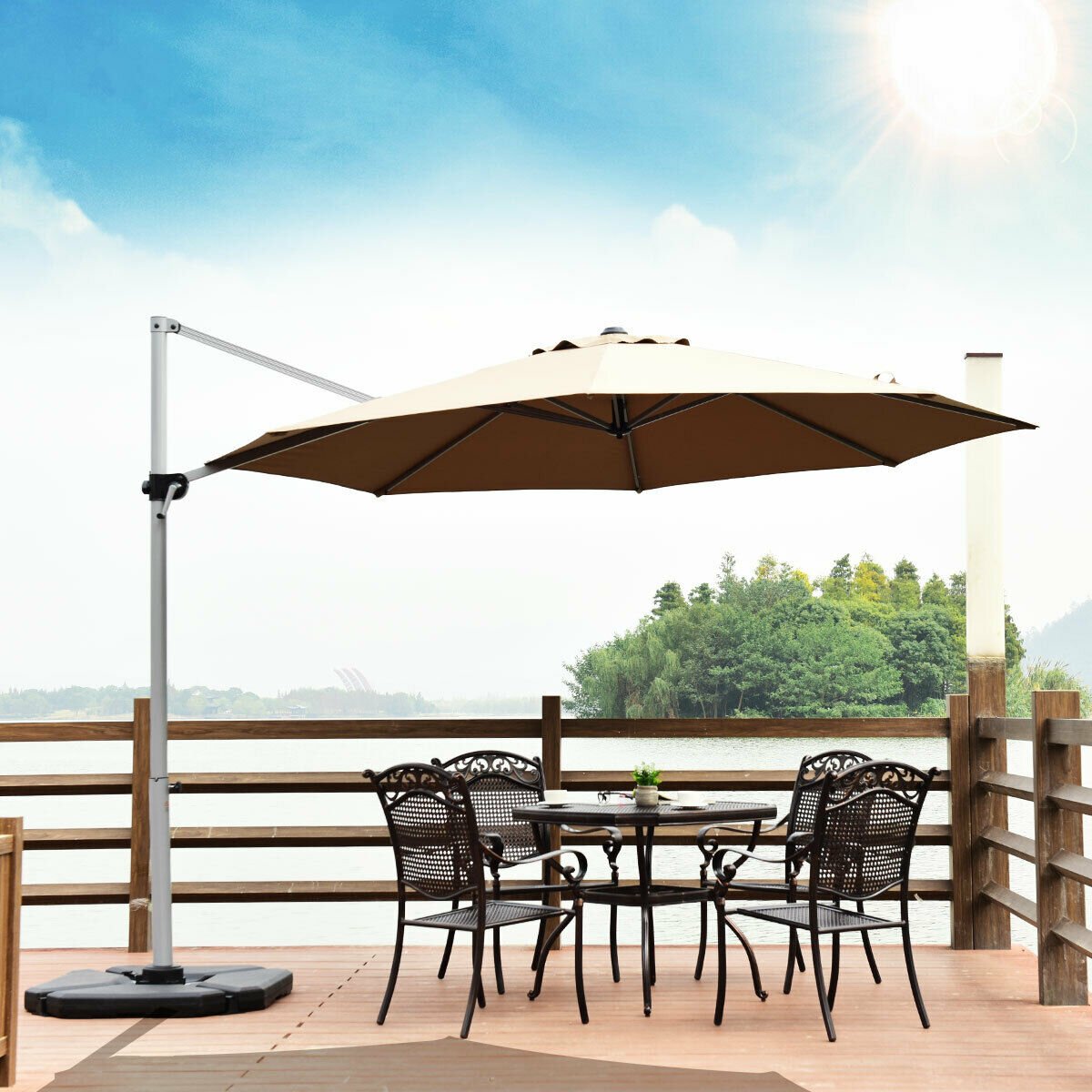 11 Feet Patio Offset Cantilever Umbrella 360° Rotation Aluminum Tilt, Tan Outdoor Umbrellas   at Gallery Canada