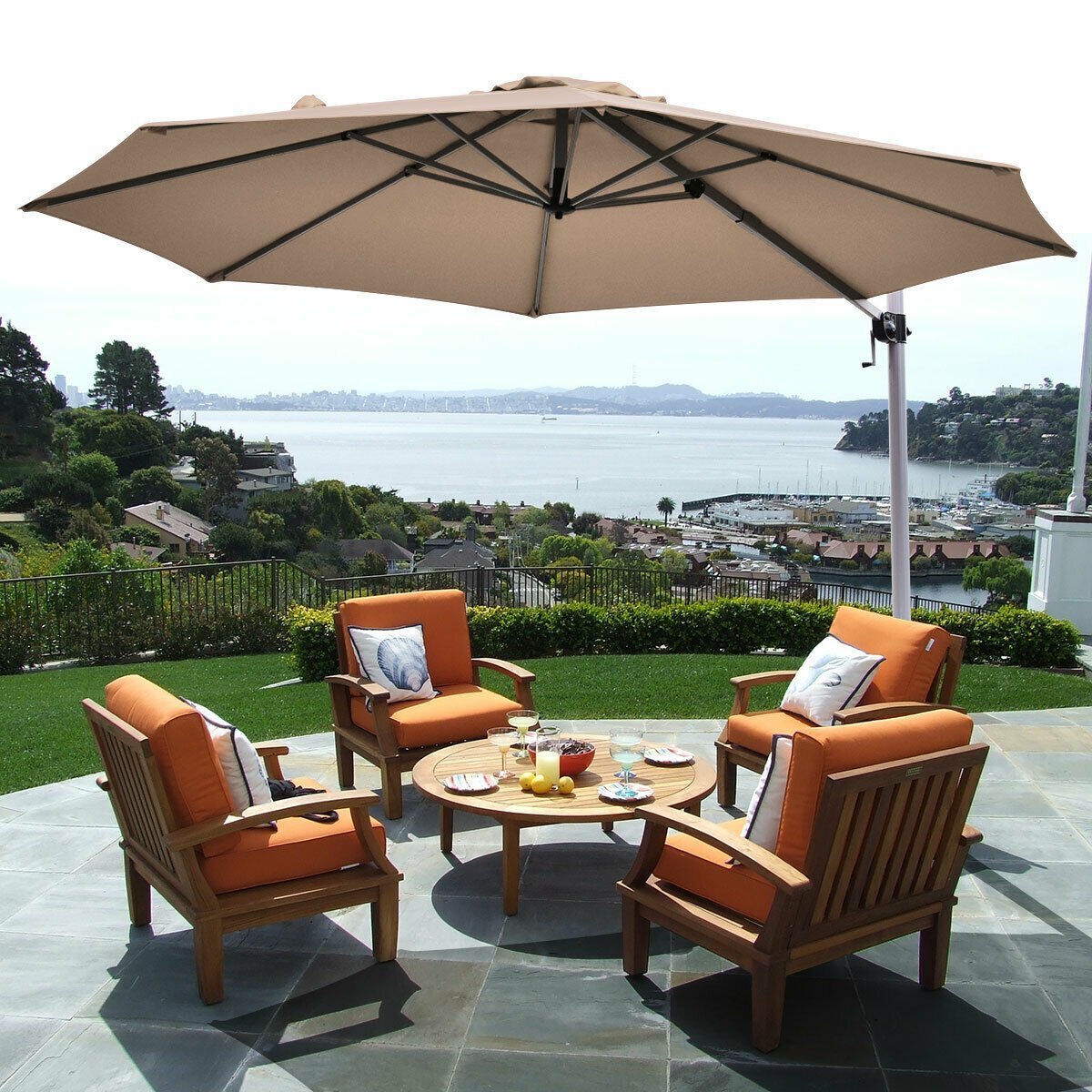 11 Feet Patio Offset Cantilever Umbrella 360° Rotation Aluminum Tilt, Tan Outdoor Umbrellas   at Gallery Canada