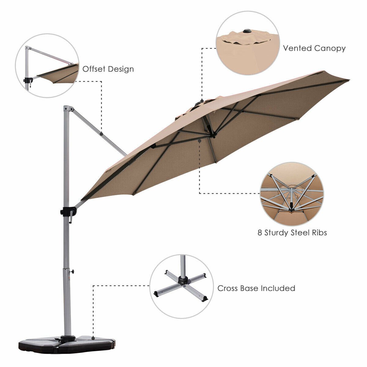 11 Feet Patio Offset Cantilever Umbrella 360° Rotation Aluminum Tilt, Tan Outdoor Umbrellas   at Gallery Canada