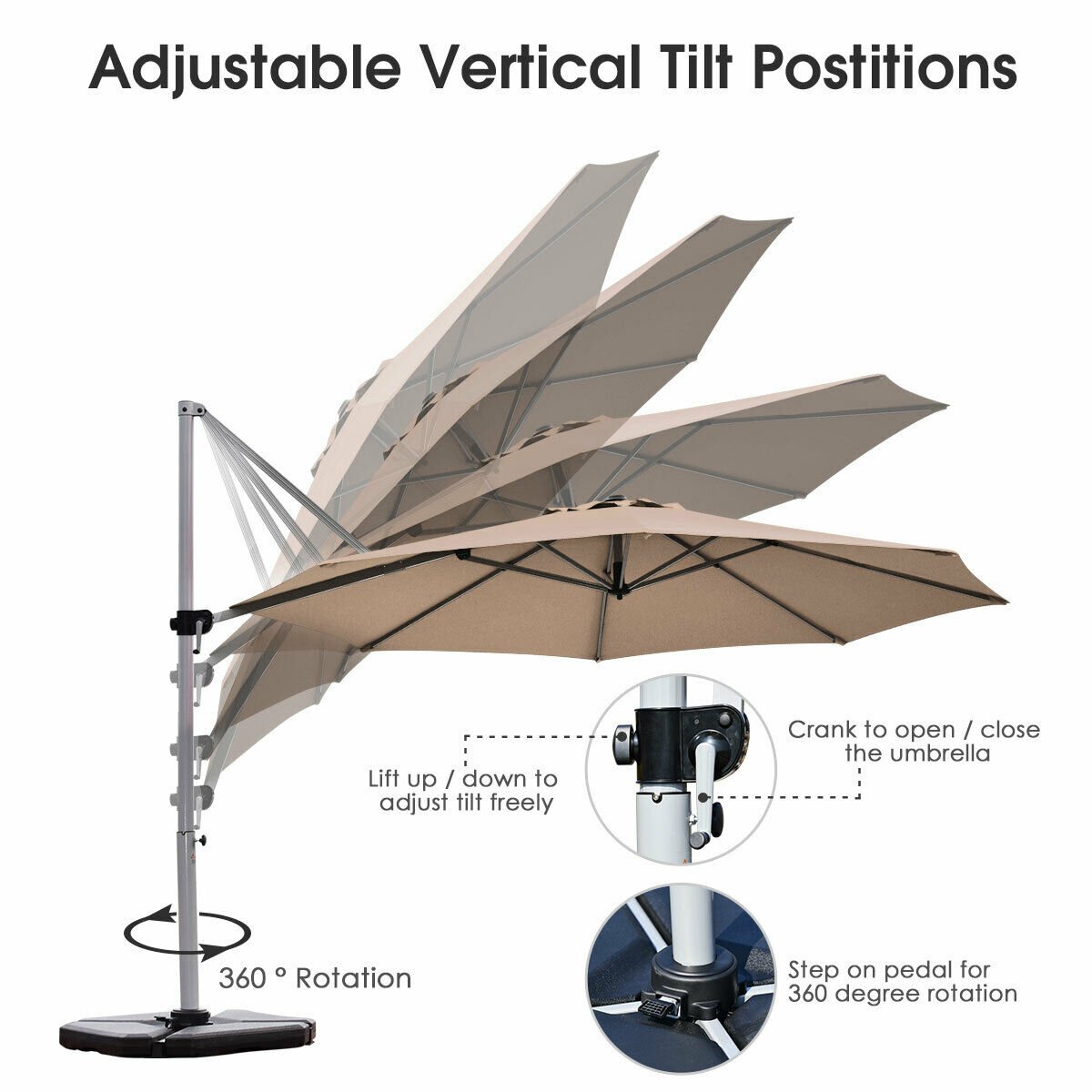 11 Feet Patio Offset Cantilever Umbrella 360° Rotation Aluminum Tilt, Tan Outdoor Umbrellas   at Gallery Canada