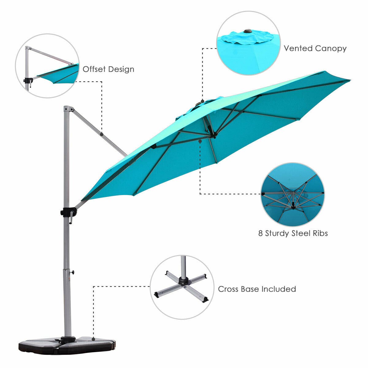 11 Feet Patio Offset Cantilever Umbrella 360° Rotation Aluminum Tilt, Blue Outdoor Umbrellas   at Gallery Canada