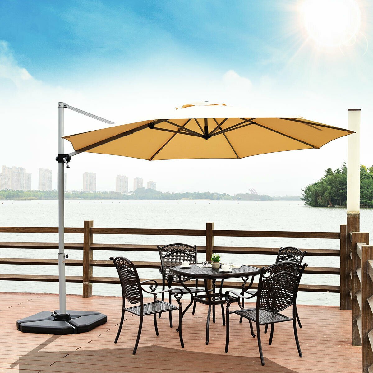 11 Feet Patio Offset Cantilever Umbrella 360° Rotation Aluminum Tilt, Beige Outdoor Umbrellas   at Gallery Canada