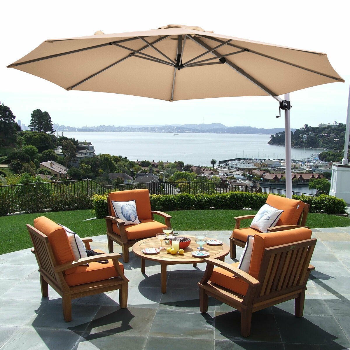 11 Feet Patio Offset Cantilever Umbrella 360° Rotation Aluminum Tilt, Beige Outdoor Umbrellas   at Gallery Canada