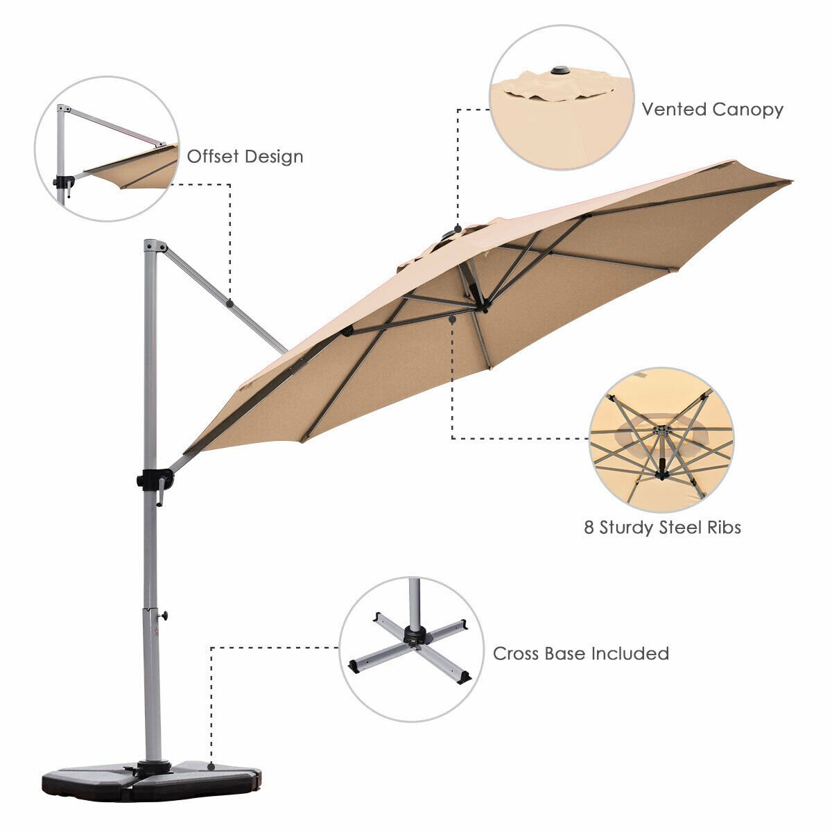 11 Feet Patio Offset Cantilever Umbrella 360° Rotation Aluminum Tilt, Beige Outdoor Umbrellas   at Gallery Canada