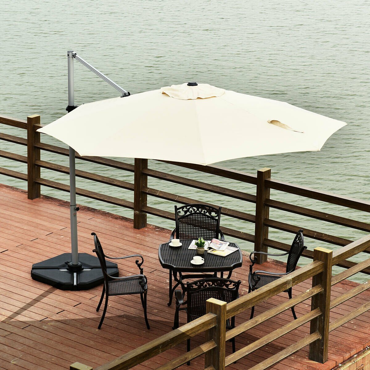 11 Feet Patio Offset Cantilever Umbrella 360° Rotation Aluminum Tilt, Beige Outdoor Umbrellas   at Gallery Canada