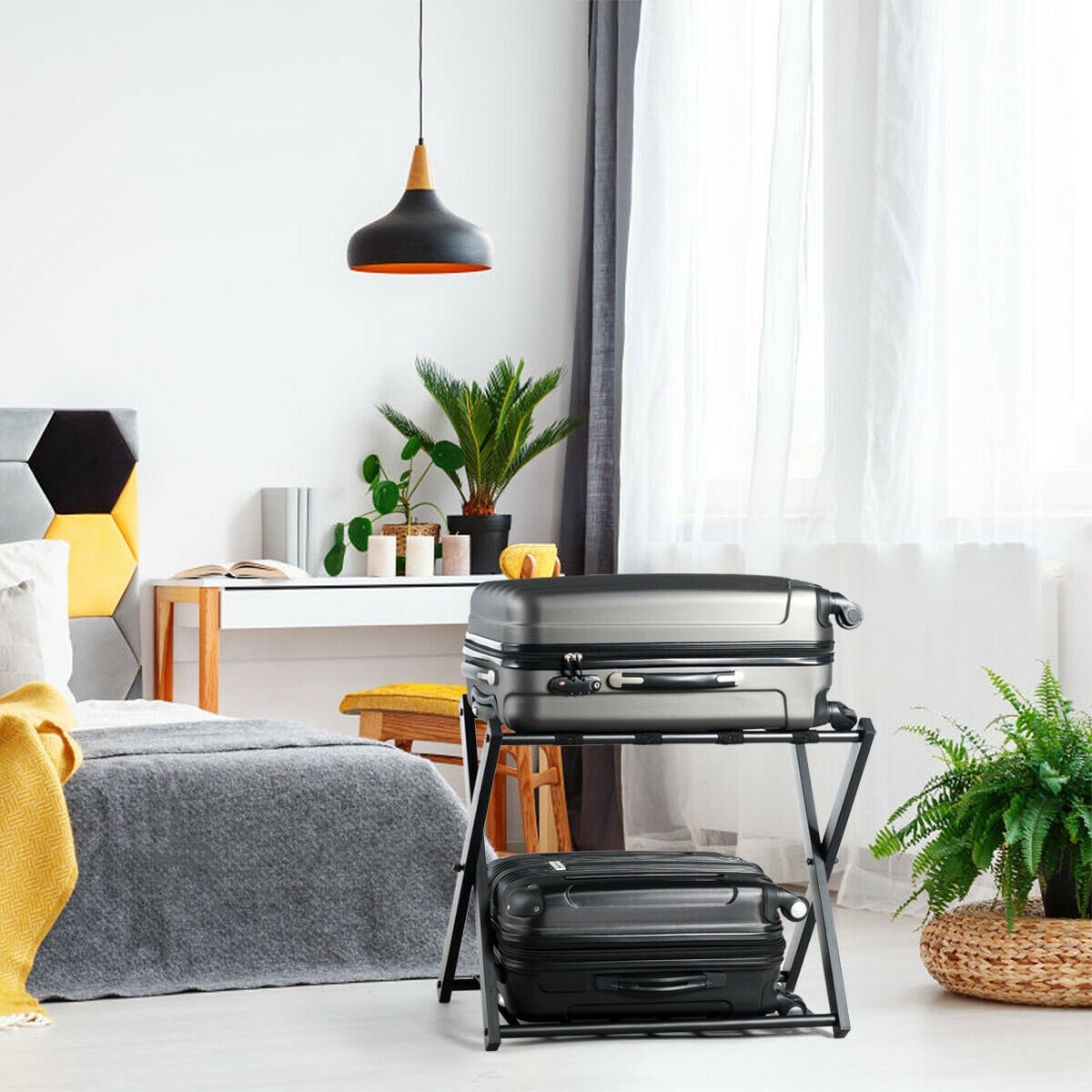 Folding Metal Luggage Rack Suitcase with Shelf Black, Black Shoe Racks & Storage Benches   at Gallery Canada