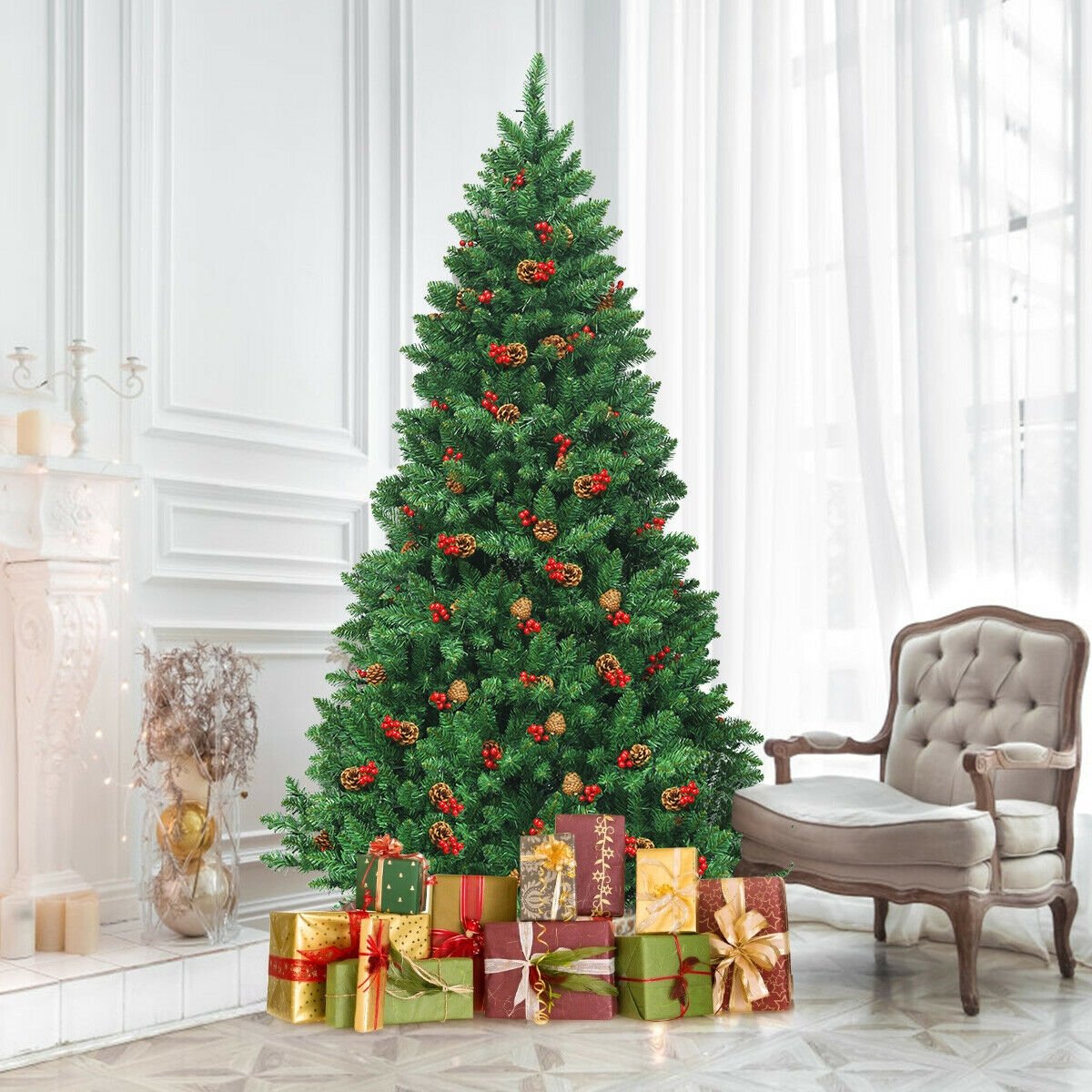 6.5 Feet Pre-lit Hinged Christmas Tree with LED Lights, Green Christmas Tree   at Gallery Canada