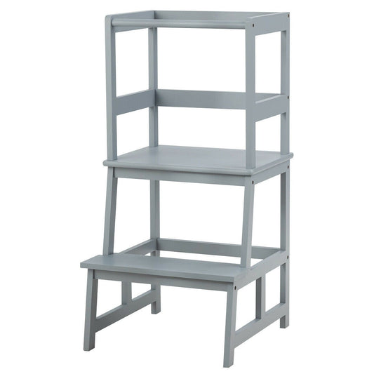Kids Wooden Kitchen Step Stool with Safety Rail, Gray - Gallery Canada