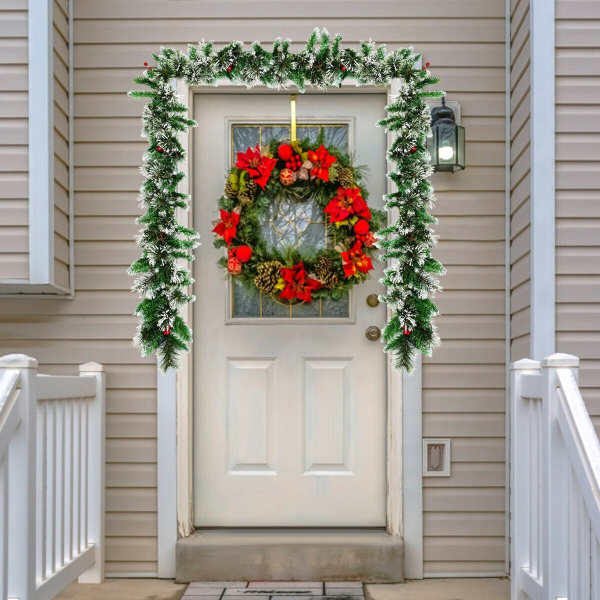 9 Feet Pre-lit Snow Flocked Tips Christmas Garland with Red Berries, Green Christmas Decor & Accessories   at Gallery Canada