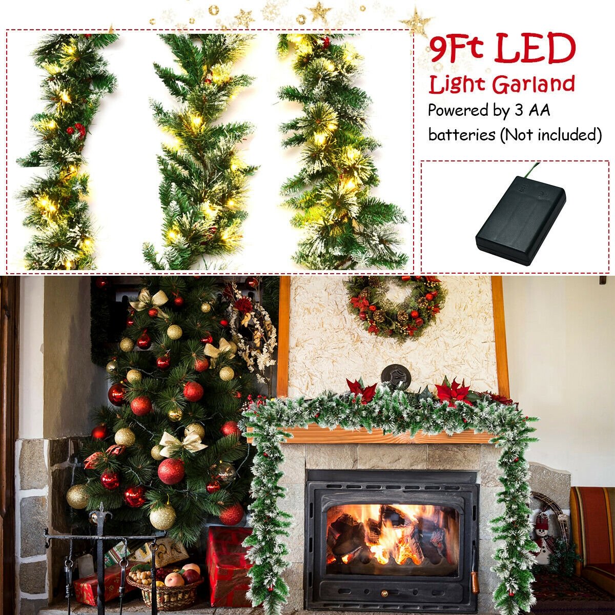 9 Feet Pre-lit Snow Flocked Tips Christmas Garland with Red Berries, Green Christmas Decor & Accessories   at Gallery Canada