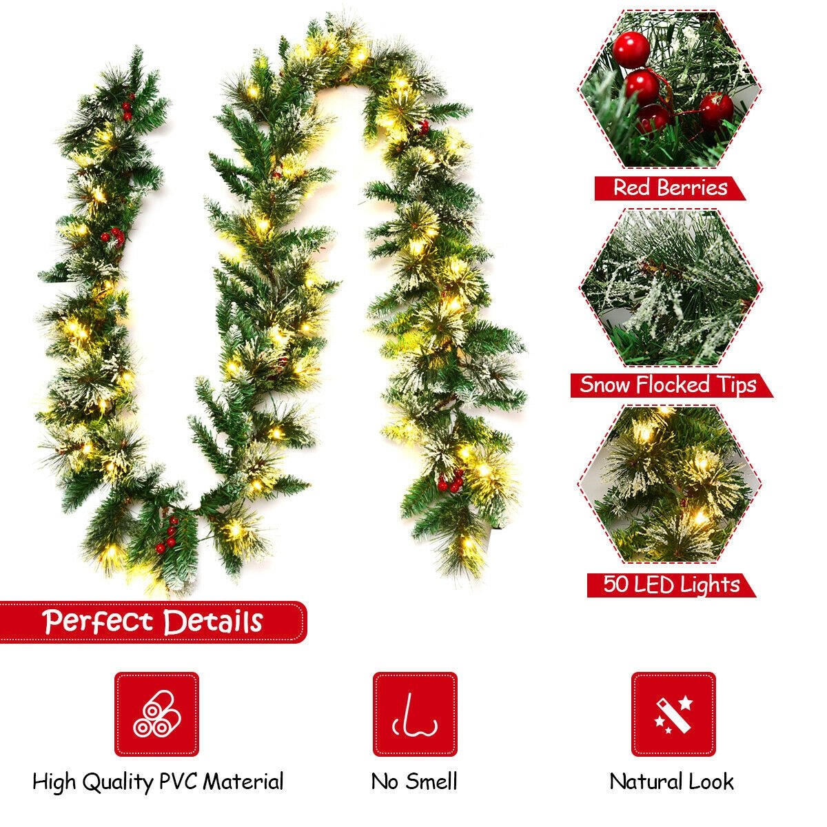 9 Feet Pre-lit Snow Flocked Tips Christmas Garland with Red Berries, Green Christmas Decor & Accessories   at Gallery Canada