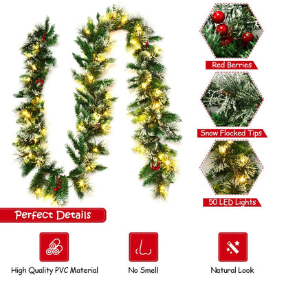 9 Feet Pre-lit Snow Flocked Tips Christmas Garland with Red Berries, Green Christmas Decor & Accessories   at Gallery Canada