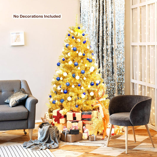 6/7.5 Feet Artificial Tinsel Christmas Tree Hinged with Foldable Stand-6 ft, Golden Christmas Tree   at Gallery Canada