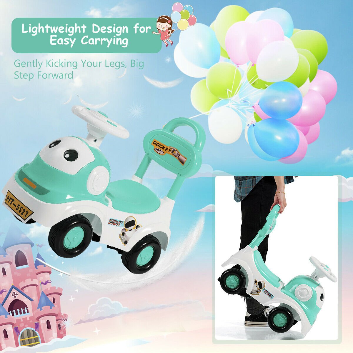 3-in-1 Baby Walker Sliding Pushing Car with Sound Function, Green - Gallery Canada
