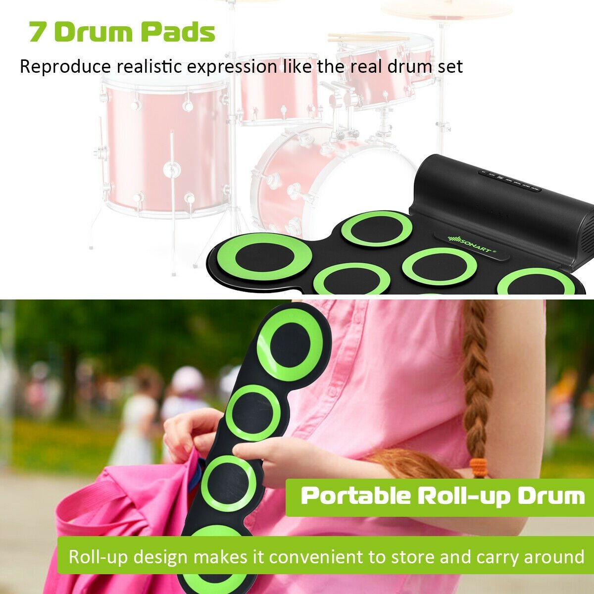 Set 7 Kit Electronic Roll Up Pads MIDI Drum , Green Drums & Percussion   at Gallery Canada