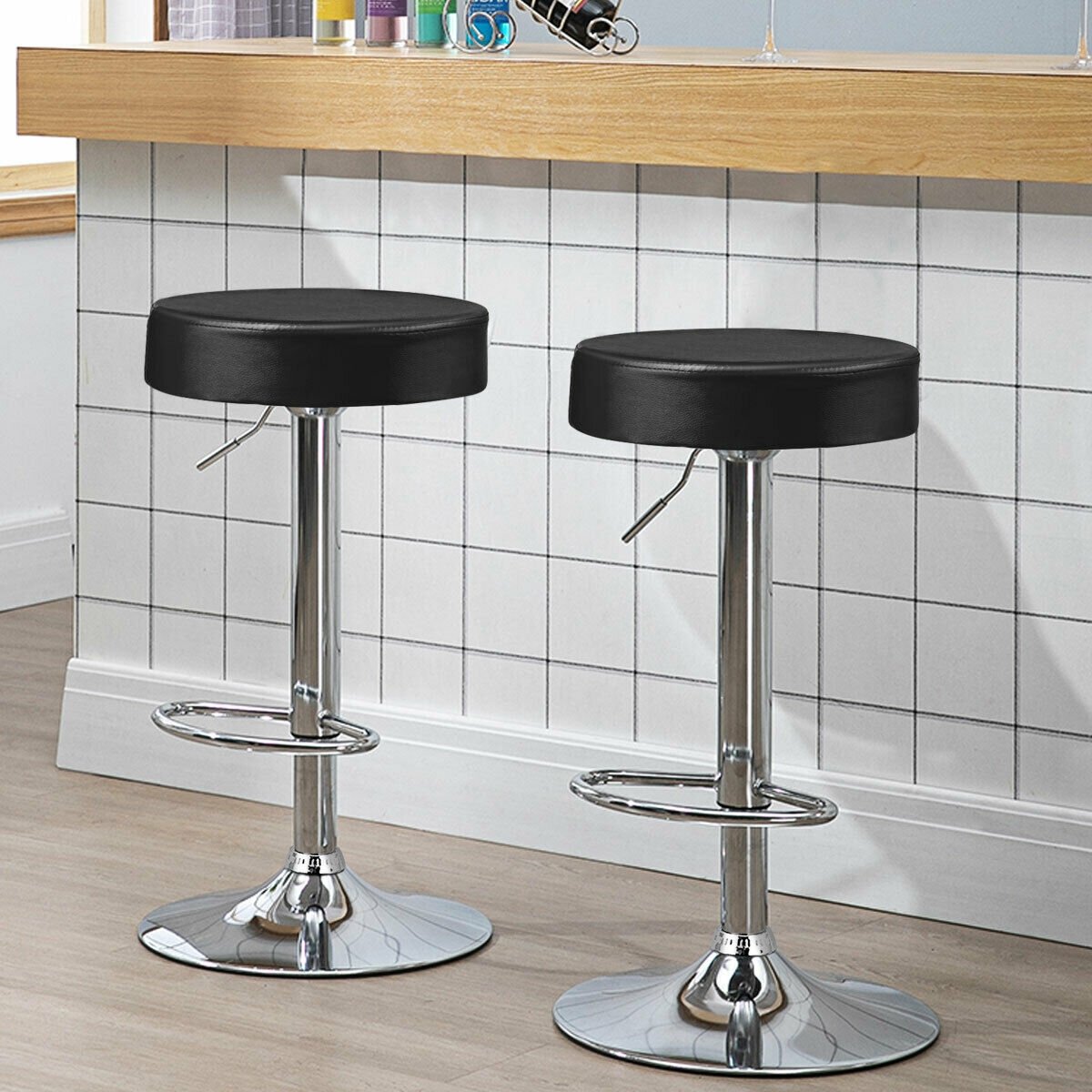 Set of 2 Adjustable Swivel Round Bar Stool  Pub Chairs, Black Bar Stools   at Gallery Canada