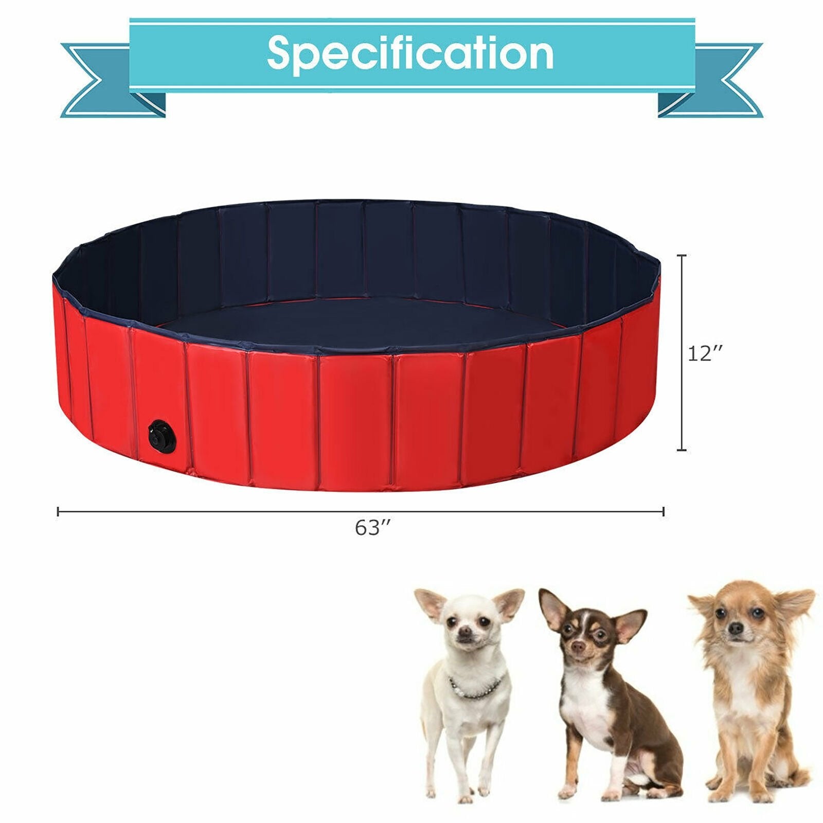 63 Inch Foldable Leakproof Dog Pet Pool Bathing Tub Kiddie Pool for Dogs Cats and Kids, Red Dog Supplies   at Gallery Canada