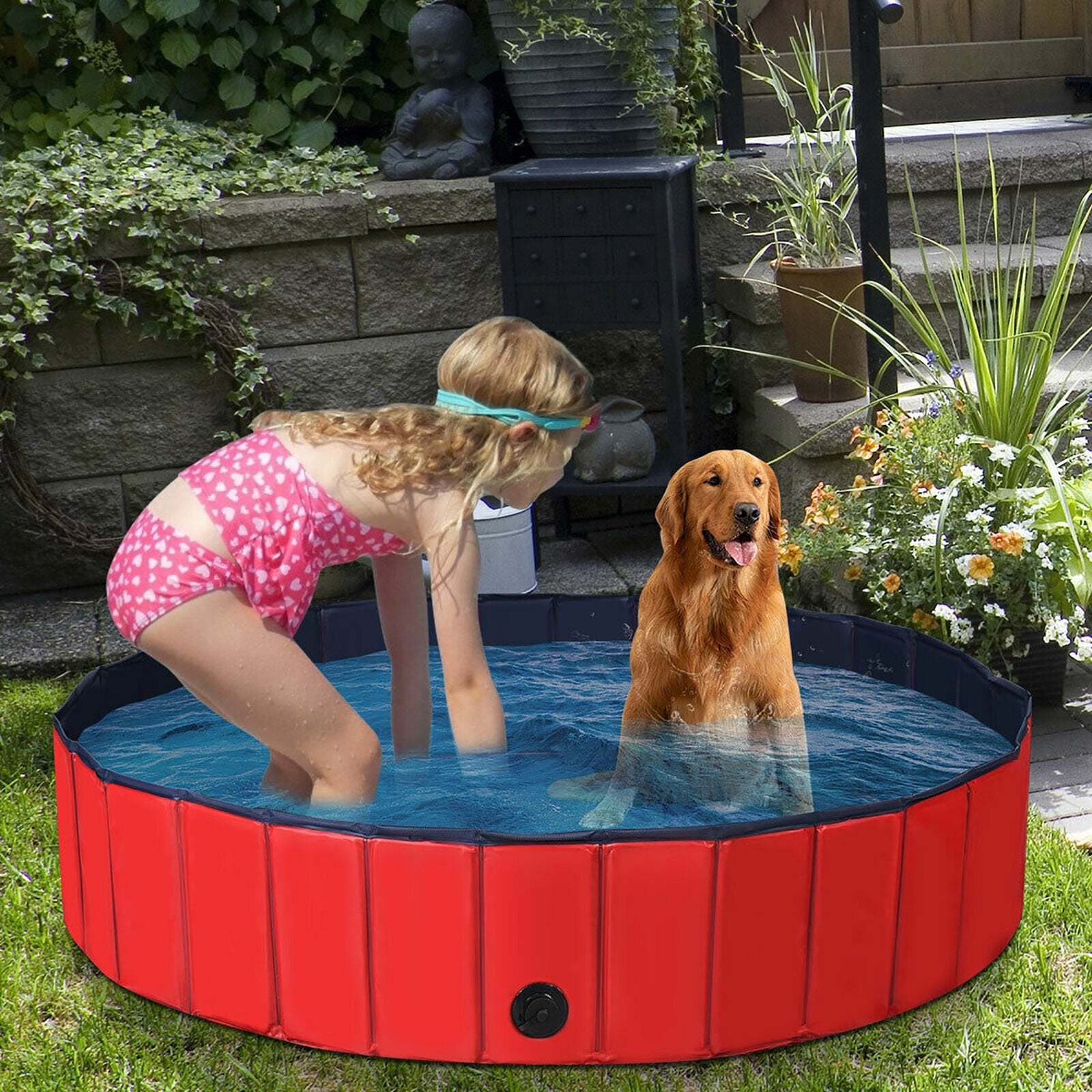 63 Inch Foldable Leakproof Dog Pet Pool Bathing Tub Kiddie Pool for Dogs Cats and Kids, Red Dog Supplies   at Gallery Canada