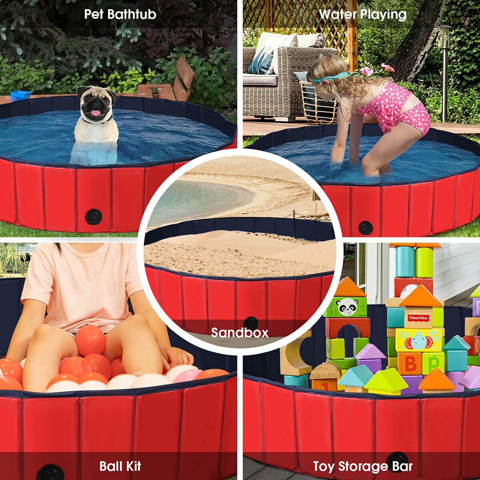 63 Inch Foldable Leakproof Dog Pet Pool Bathing Tub Kiddie Pool for Dogs Cats and Kids, Red Dog Supplies   at Gallery Canada