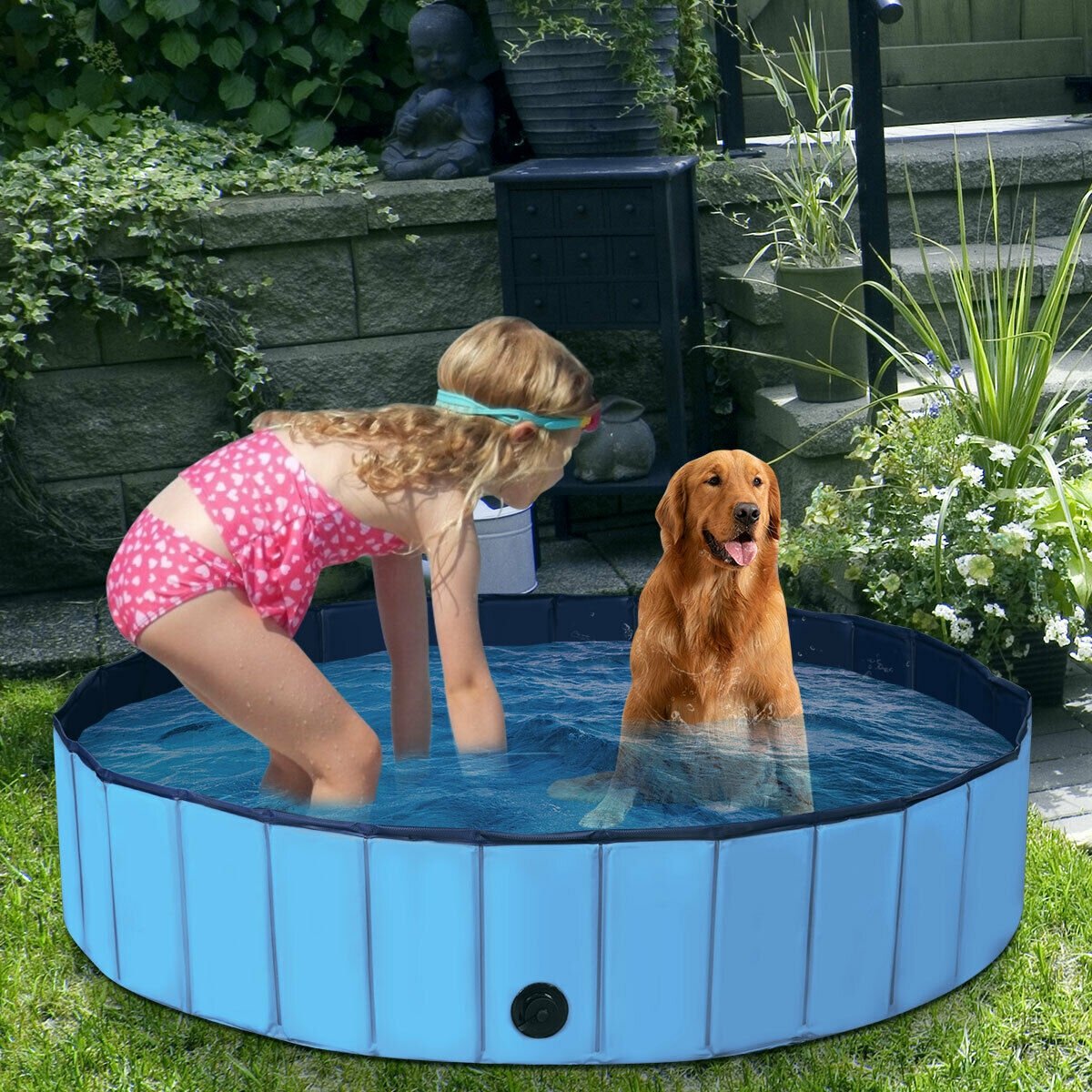 63 Inch Foldable Leakproof Dog Pet Pool Bathing Tub Kiddie Pool for Dogs Cats and Kids, Blue Dog Supplies   at Gallery Canada