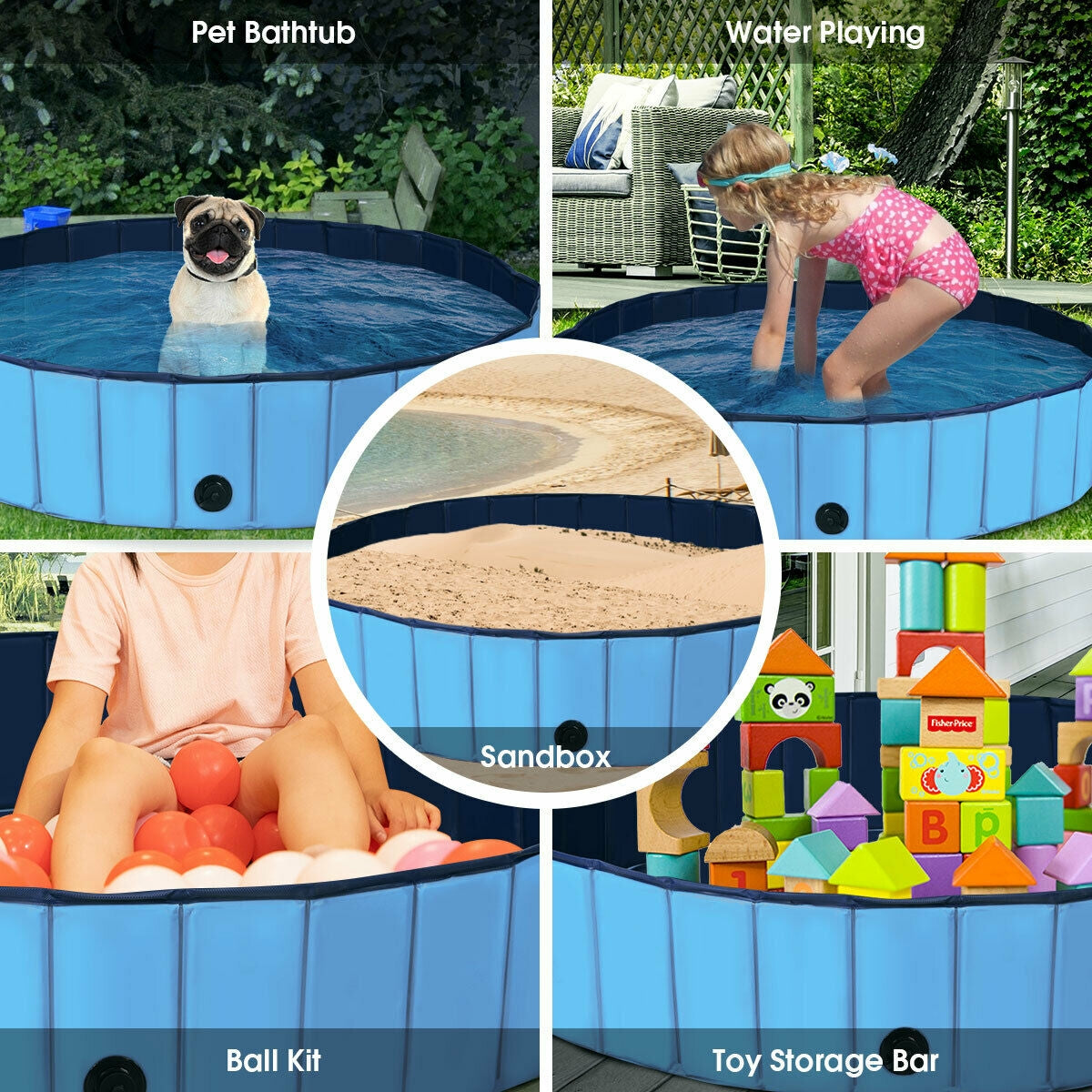 63 Inch Foldable Leakproof Dog Pet Pool Bathing Tub Kiddie Pool for Dogs Cats and Kids, Blue Dog Supplies   at Gallery Canada