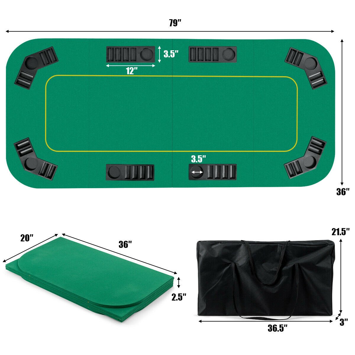 80 Inch x 36 Inch Folding 8 Player Deluxe Texas Poker Table Top with Bag, Green Game Room   at Gallery Canada