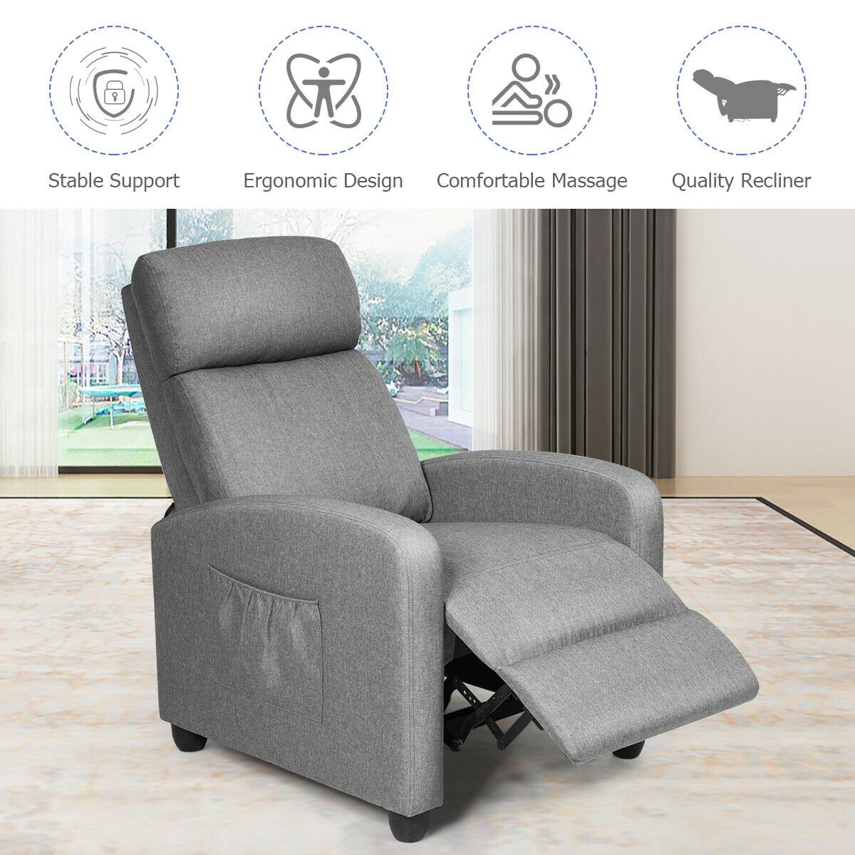 Recliner Sofa Wingback Chair with Massage Function, Gray - Gallery Canada