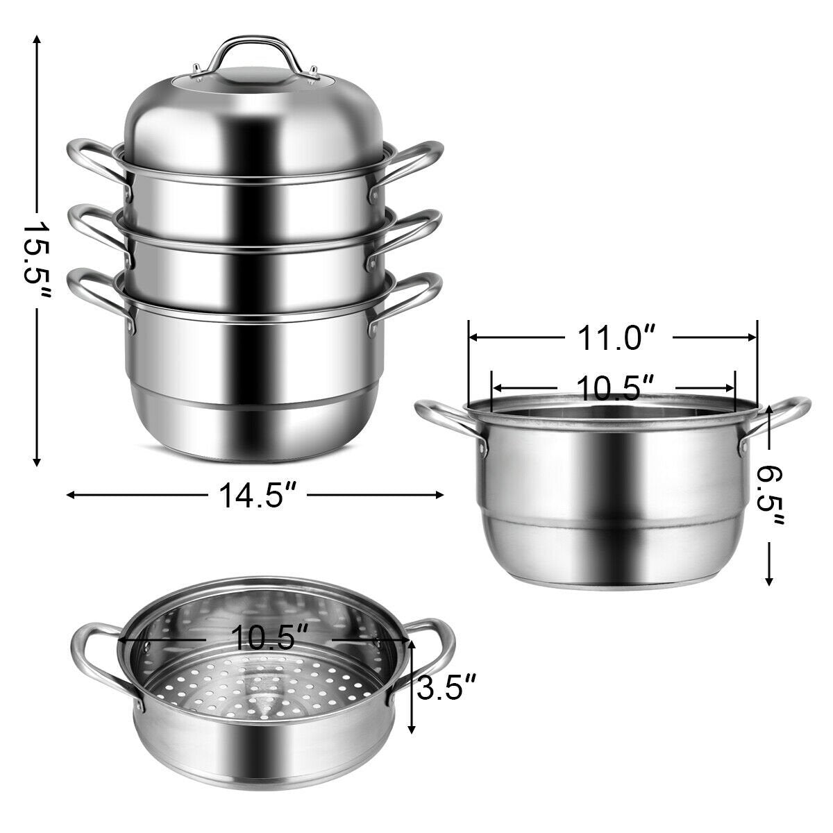 3 Tier Stainless Steel Cookware Pot Saucepot Steamer, Silver Cookware & Bakeware   at Gallery Canada