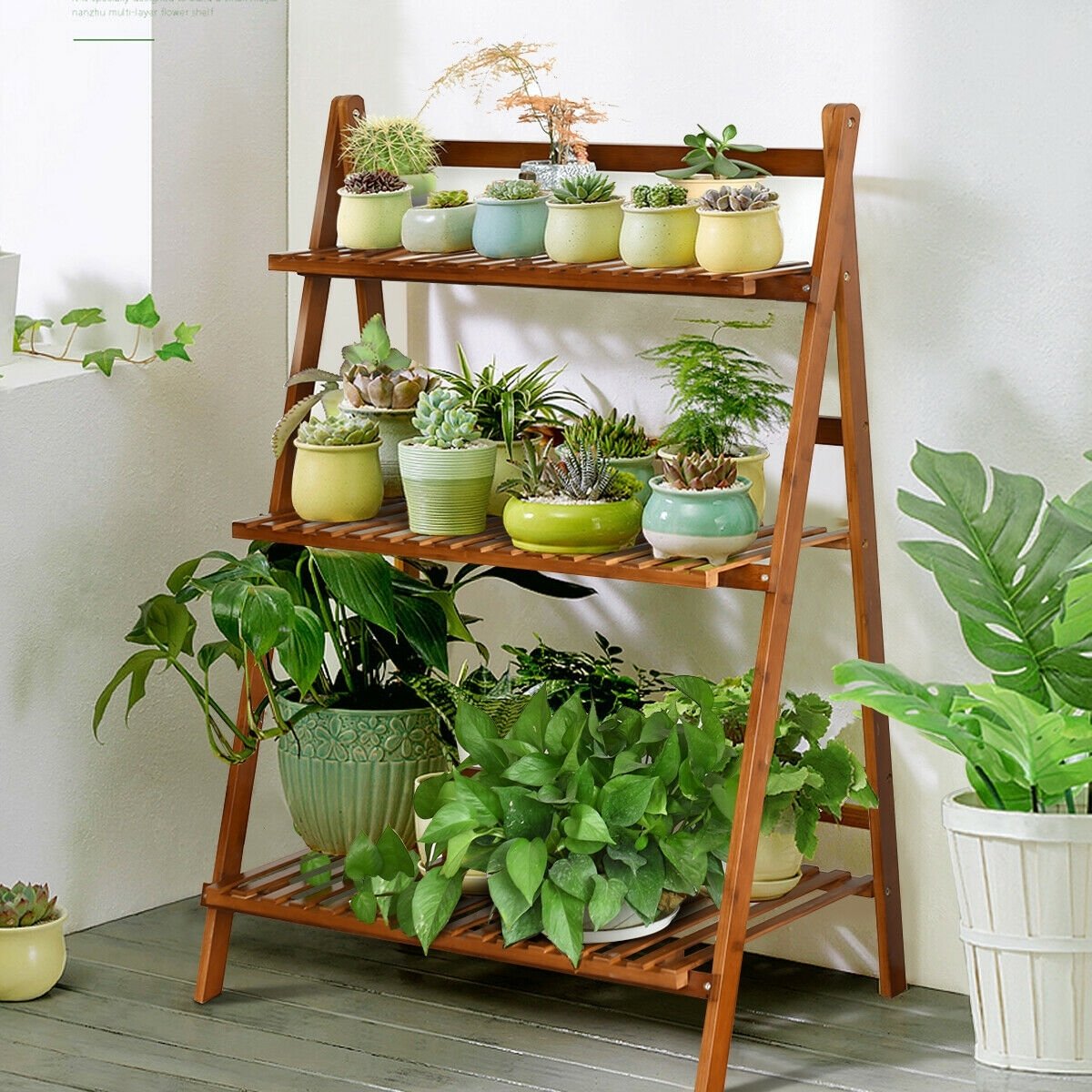 3-tier Folding Bamboo Flower Shelf  , Brown Plant Stands   at Gallery Canada