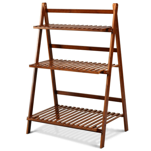 3-tier Folding Bamboo Flower Shelf  , Brown