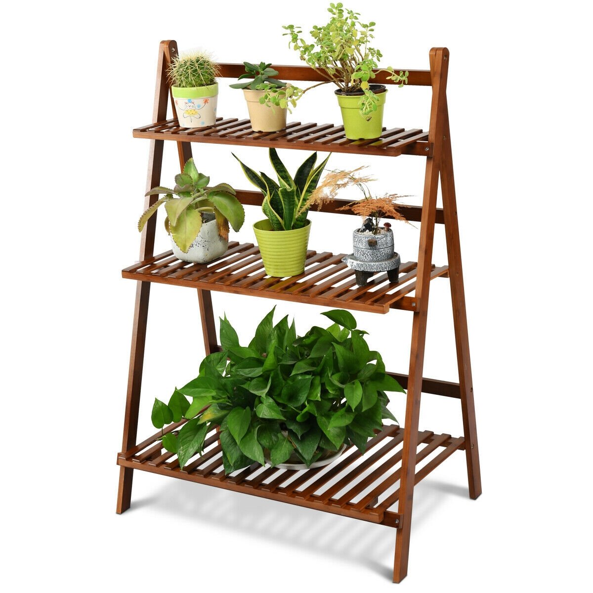 3-tier Folding Bamboo Flower Shelf  , Brown Plant Stands   at Gallery Canada