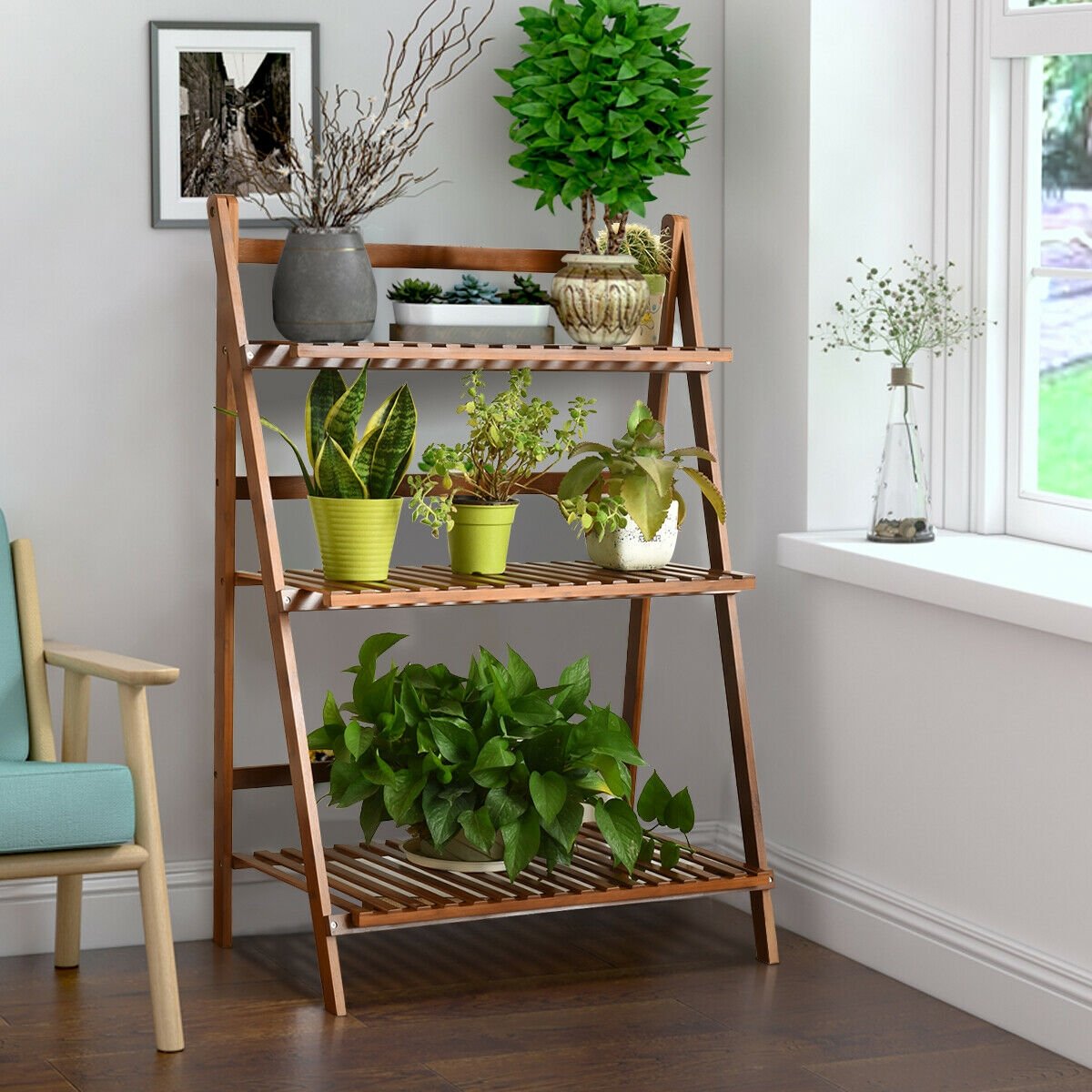 3-tier Folding Bamboo Flower Shelf  , Brown Plant Stands   at Gallery Canada