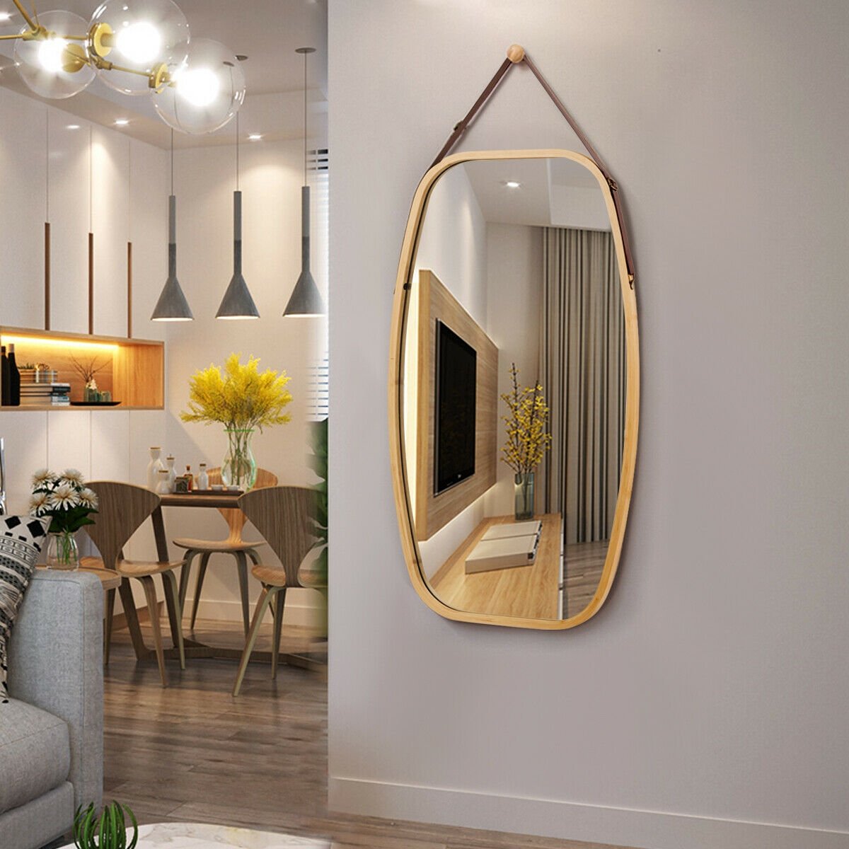 30 Inch Modern Rectangle Wall Hanging Framed Mirror, Natural Wall Mirrors   at Gallery Canada