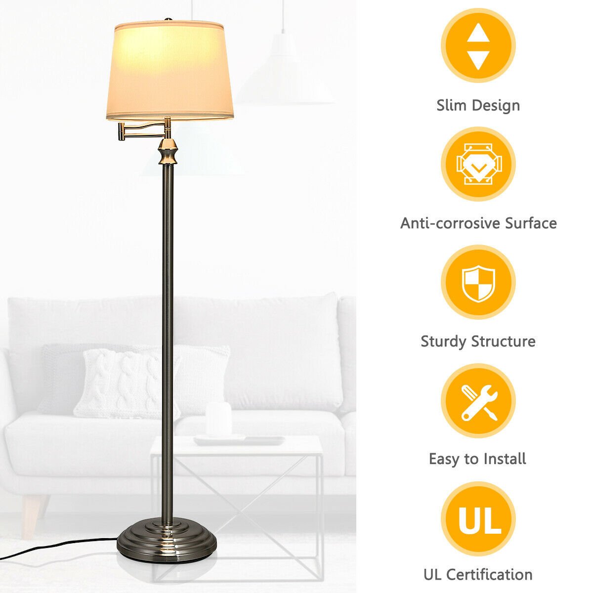 Swing Arm LED Floor Lamp with Hanging Fabric Shade, Black - Gallery Canada