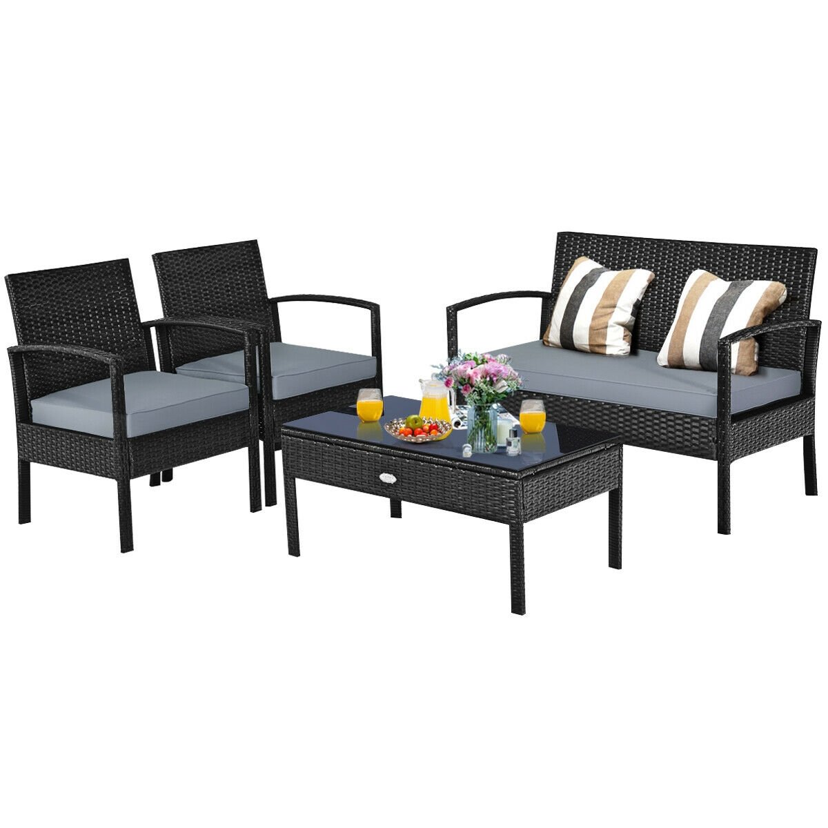 4 Pieces Patio Rattan Cushioned Furniture Set with Loveseat and Table, Black Patio Conversation Sets   at Gallery Canada