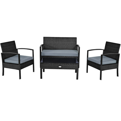 4 Pieces Patio Rattan Cushioned Furniture Set with Loveseat and Table, Black