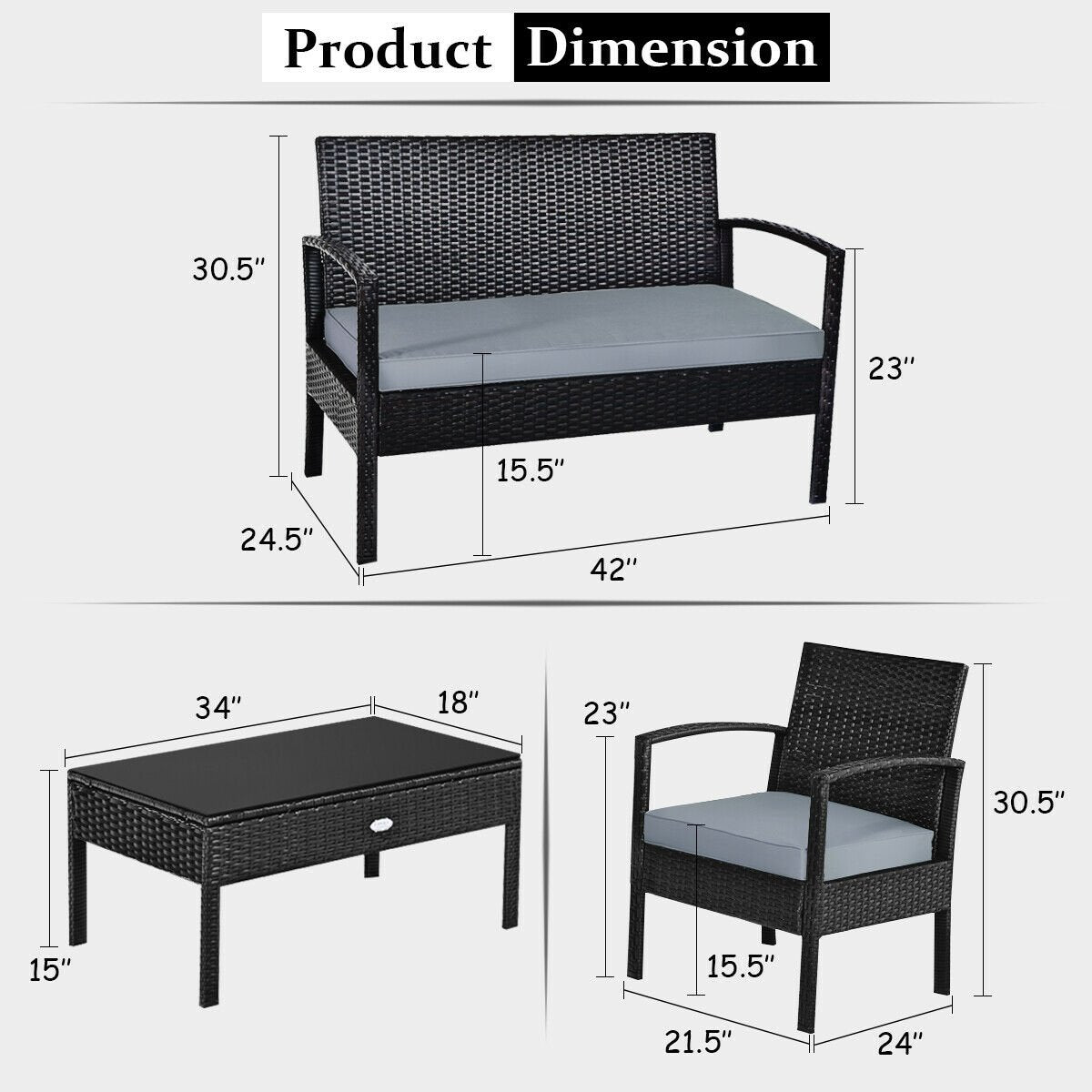 4 Pieces Patio Rattan Cushioned Furniture Set with Loveseat and Table, Black Patio Conversation Sets   at Gallery Canada