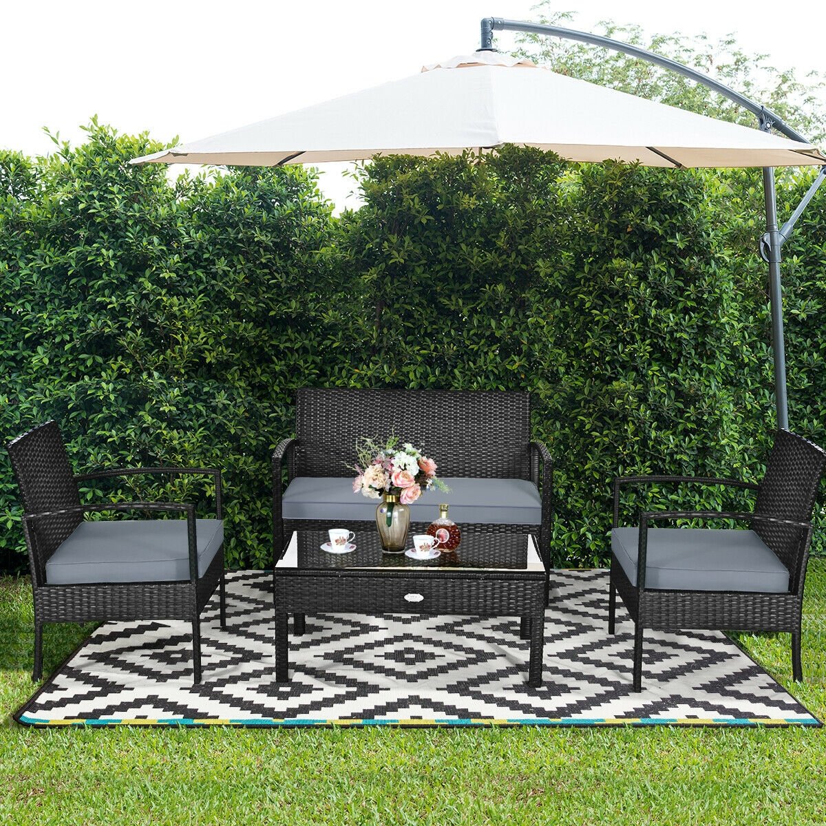 4 Pieces Patio Rattan Cushioned Furniture Set with Loveseat and Table, Black Patio Conversation Sets   at Gallery Canada