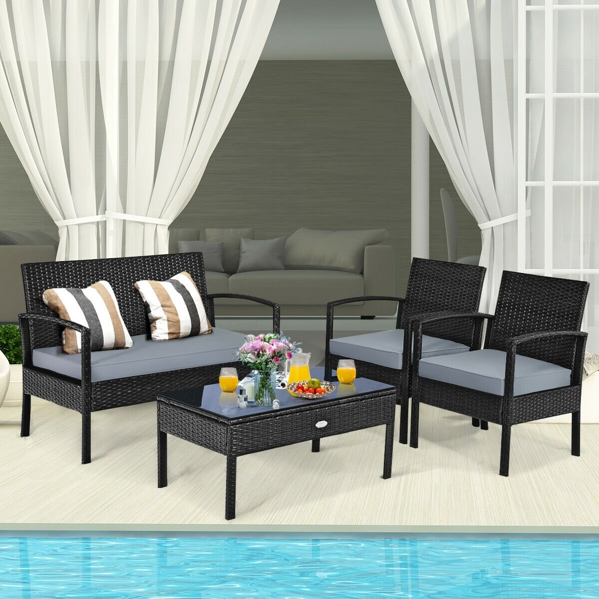 4 Pieces Patio Rattan Cushioned Furniture Set with Loveseat and Table, Black Patio Conversation Sets   at Gallery Canada